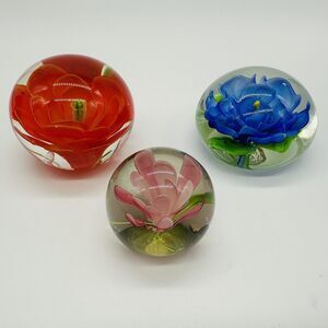 3 Vintage Art Glass Paperweights Flowers Red Blue Pink with Bubbles
